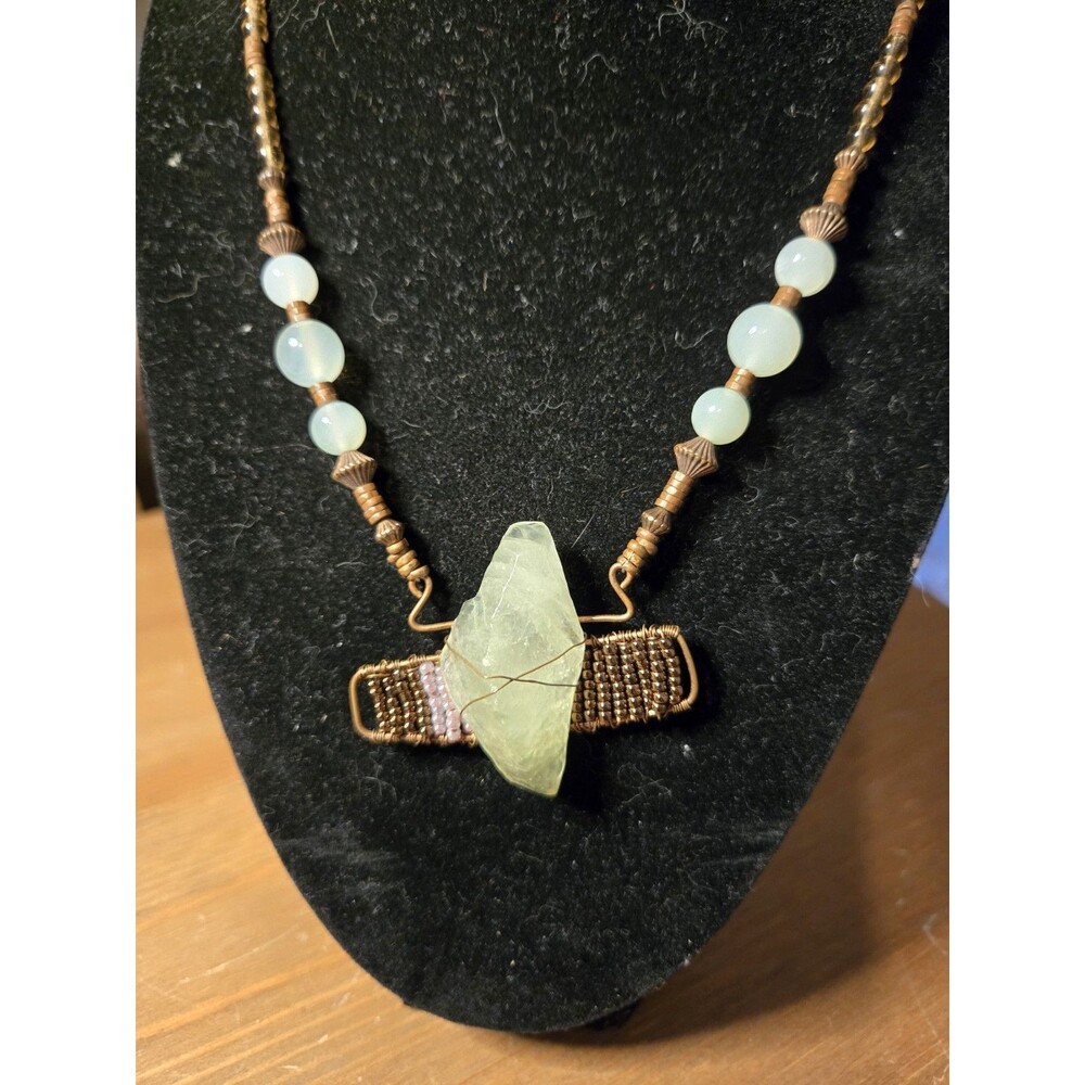 Handmade Artisan Necklace Bronze Pendant Glass Bead Stone